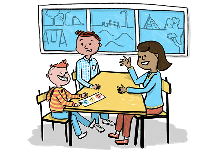 Illustration of a child, teacher and parent sitting together at a table. 